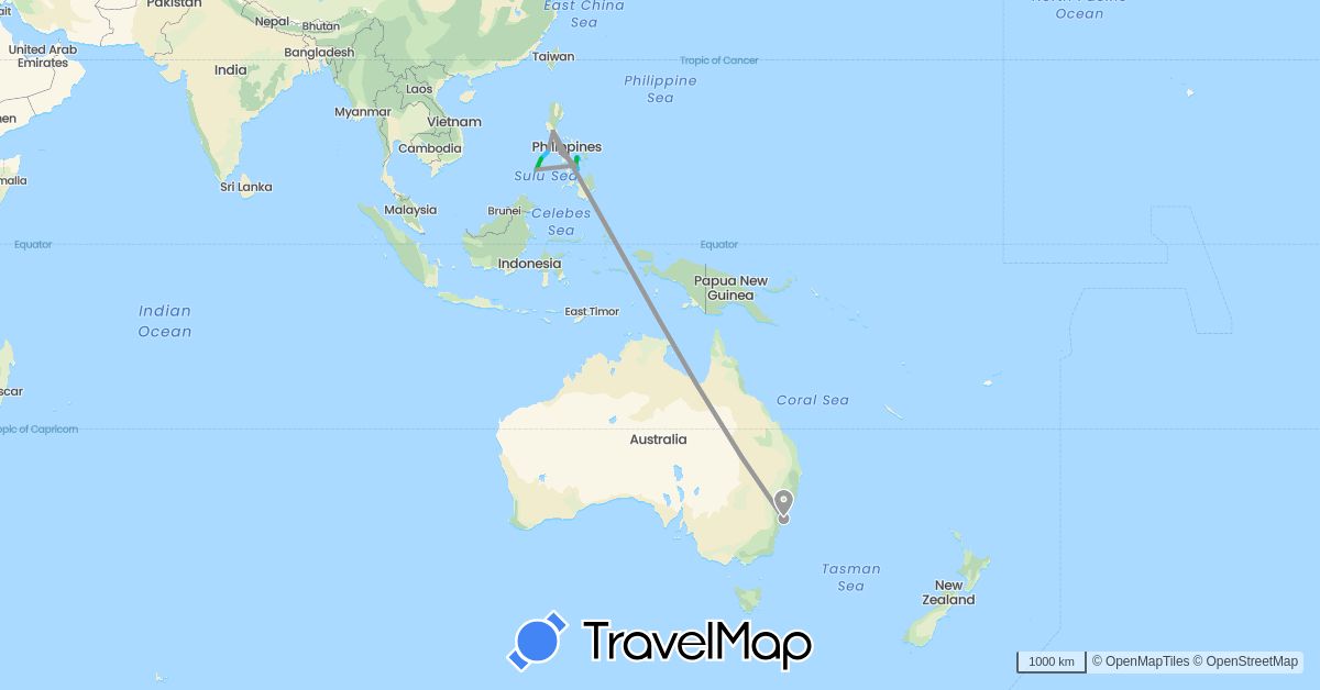 TravelMap itinerary: driving, bus, plane, boat in Australia, Philippines (Asia, Oceania)